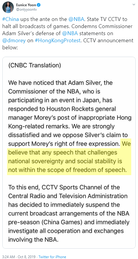 Eunice Yoon @onlyyoontv #China ups the ante on the @NBA . State TV CCTV to halt all broadcasts of games. Condemns Commissioner Adam Silver’s defense of @NBA statements on @dmorey on #HongKongProtest. CCTV announcement below: