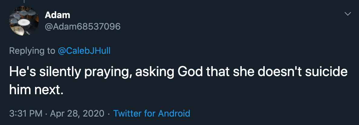 tweet about joe biden falling asleep - he's silently praying, asking god that she doesn't suicide him next.