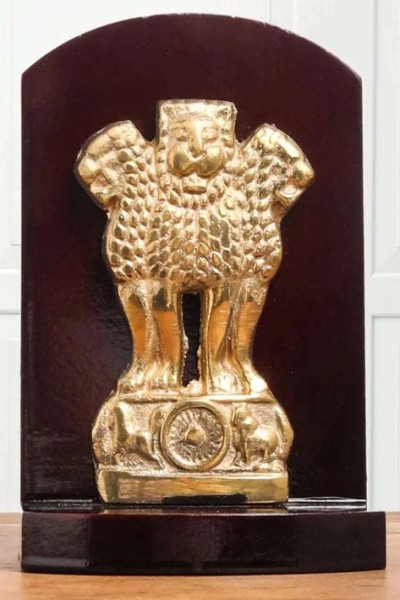 Ashok Stambh With Wooden Panel | Ashoka Lion Capital Symbol of India | Traditional Brass Home and Office Decoration