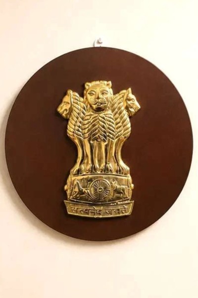 Brass Ashok Stambh With Wooden Base Wall Hanging | Indian National Emblem Wall Hanging | Ashoka Pillar Brass Wall Sculpture | Sarnath Lion Capital Wall Art