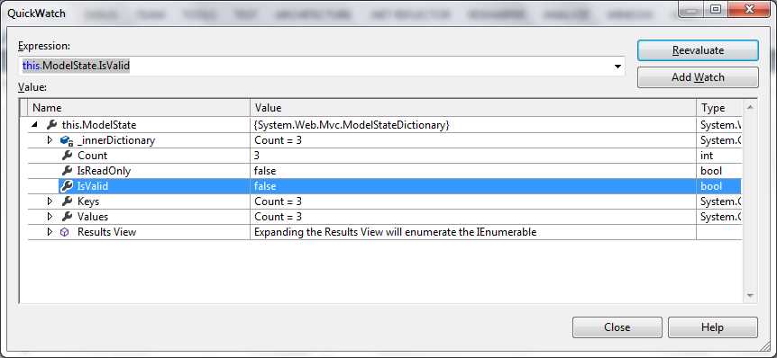 Quick watch showing invalid model state