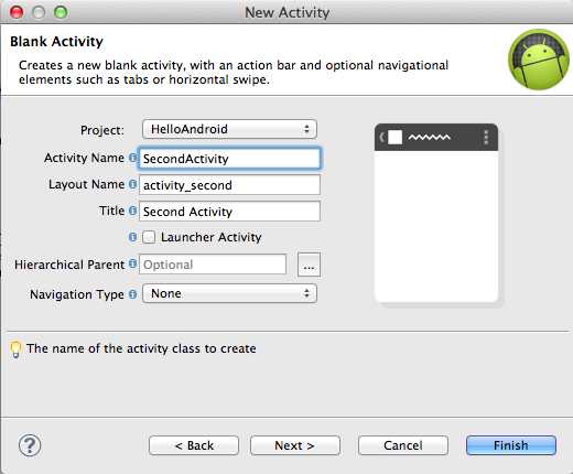 Configuring a new Activity class