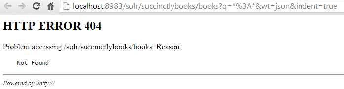 404 error returned by Solr to show that the 'books' handler does not yet exist
