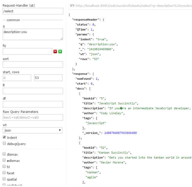 Query results when the '/select' handler is used