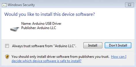 Allow the installation of the Arduino USB Driver by clicking Install