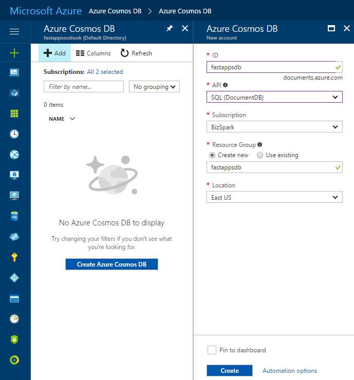 Final Cosmos DB Account Creation Screen