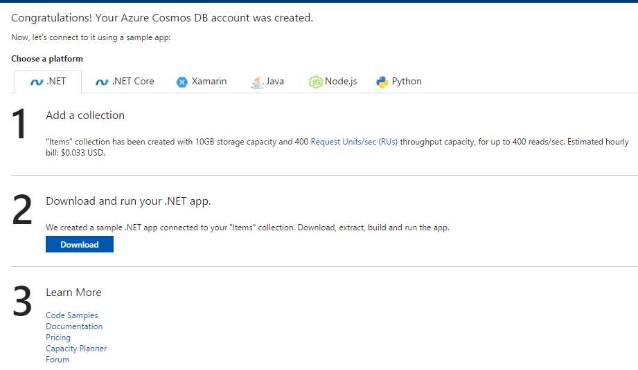 Items Collection Created Screen
