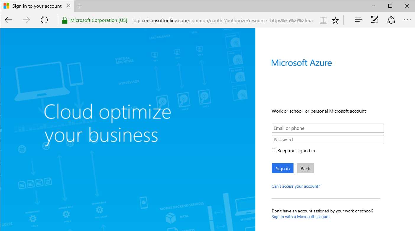 Microsoft Azure Sign-in Screen