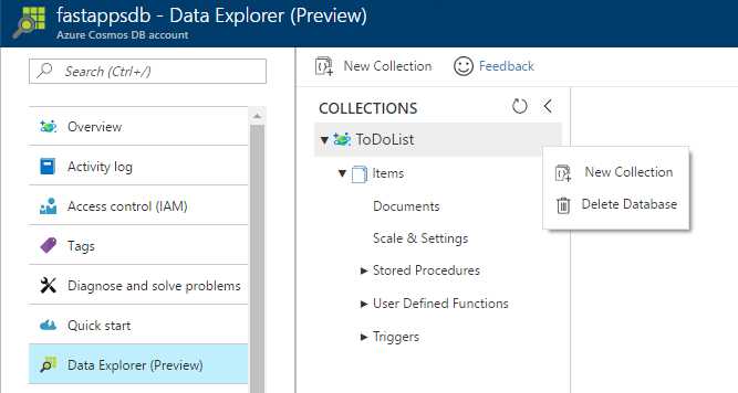 Our DocumentDB Database Containing the Items Collection