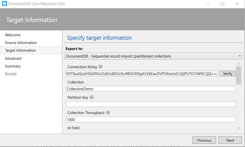 Target Information for the DocumentDB Data Migration Tool