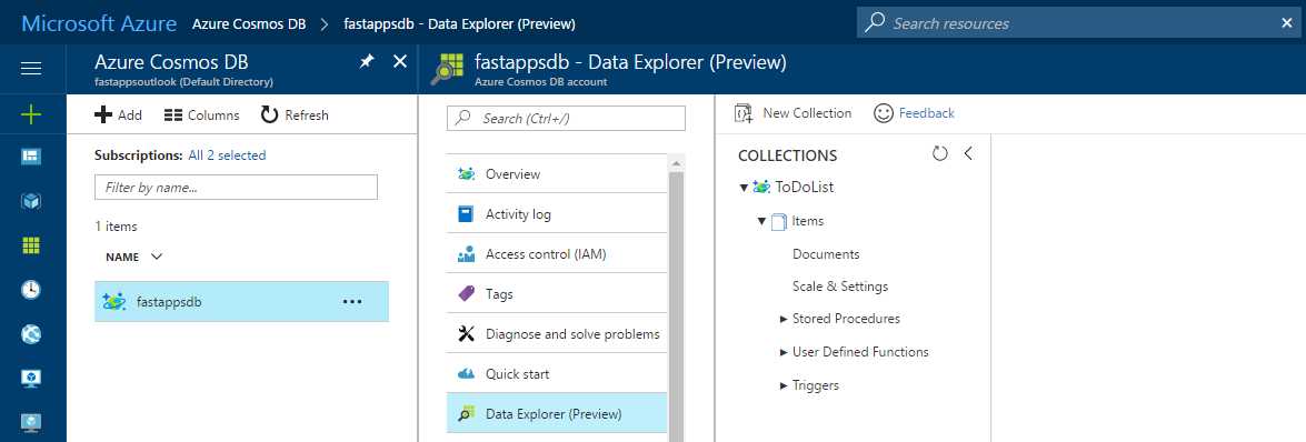 The Cosmos DB Data Explorer (Preview) Pane