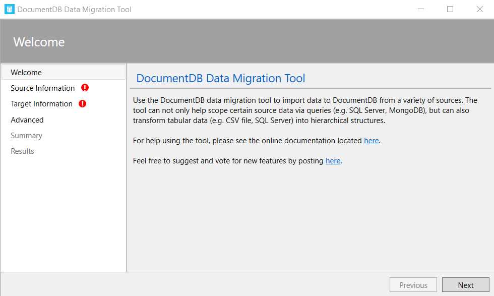 The DocumentDB Data Migration Tool Welcome Screen