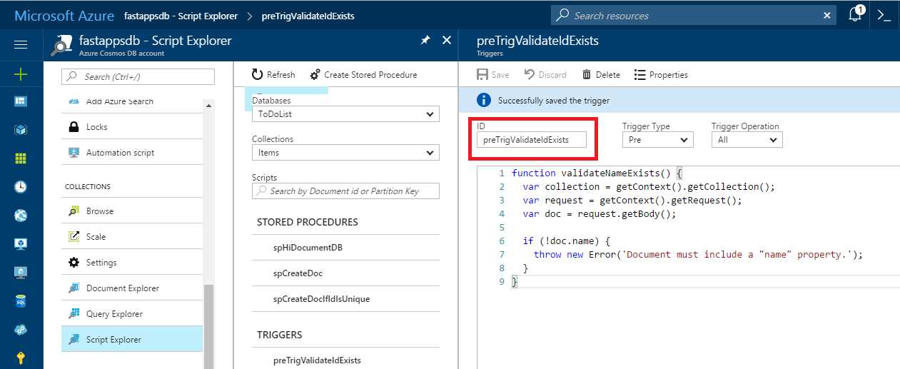 The Pre-Trigger on the Azure Portal (Script Explorer)