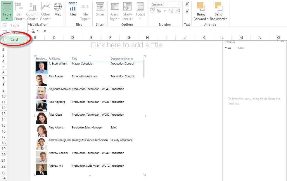 Selecting the card visualization
