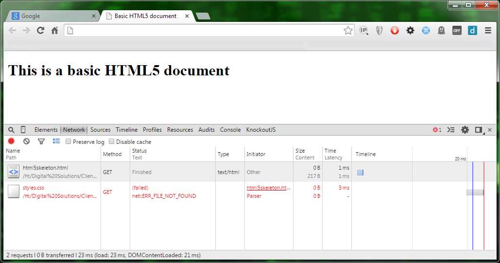 Chrome browser tools showing CSS file failing to load
