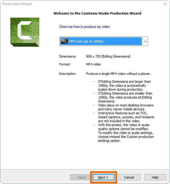 “HD MP4 only” video format selected