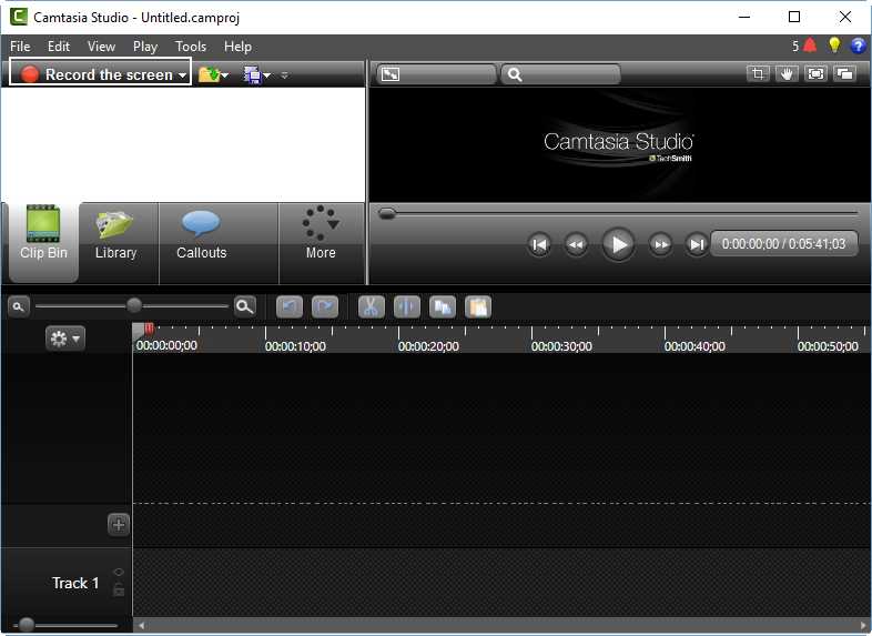 “Record the screen” button in Camtasia’s main window