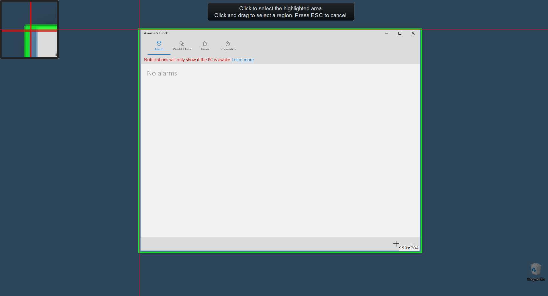 A general view of the screen, after choosing “Select area to record” option