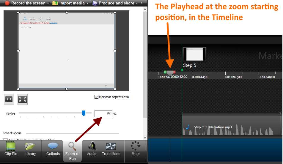 A simultaneous view of the Zoom-n-Pan tab and the playhead in the Timeline