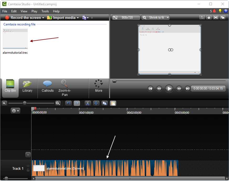 Camtasia Editor window with the recording file in the Clip Bin and the Timeline