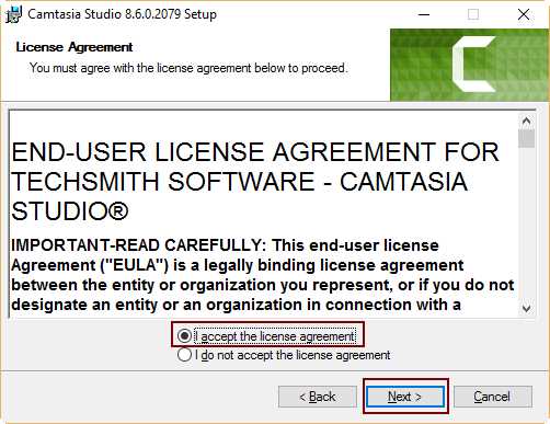 Camtasia License Agreement dialog box
