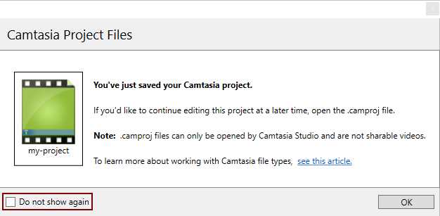 Camtasia Project Files window