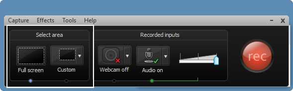 Camtasia Screen Recorder and the “Select area” options panel