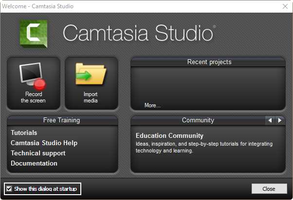 Camtasia Welcome dialog box