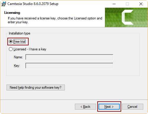 Choosing installation of Free trial version