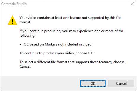 Features compatibility warning dialog box