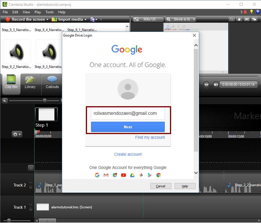 Google Account login dialog box in Camtasia