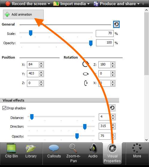 The Add animation button in the Visual Properties tab