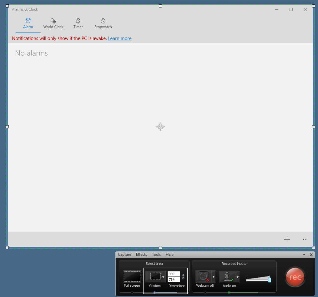 The Alarms & Clock application selected as the recording area