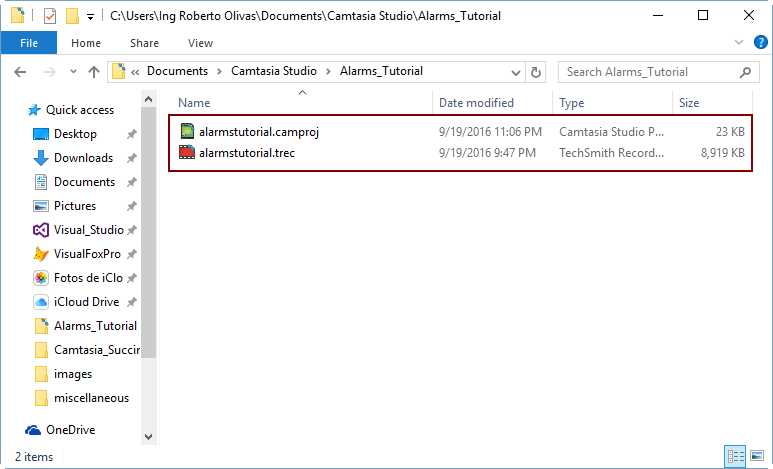 The Alarms_Tutorial project’s folder