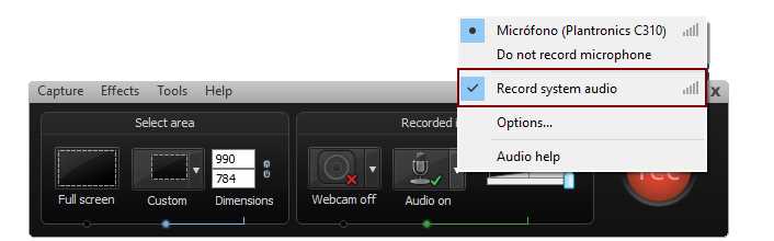 The Audio options context menu