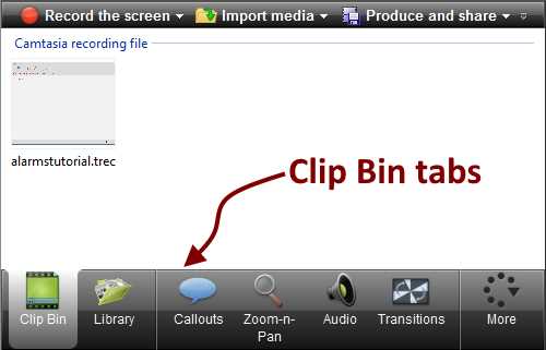 The Clip Bin with the alarmstutorial.trec recording