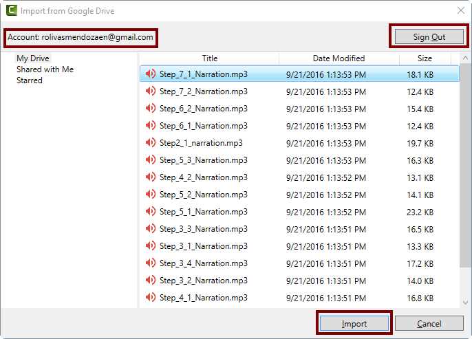 The Import from Google Drive dialog box