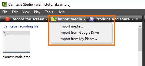The Import media button and its menu