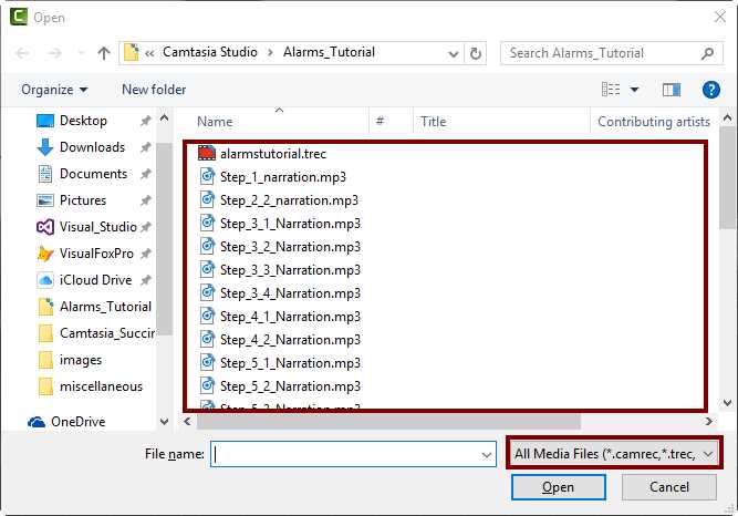 The Open dialog box for importing media files