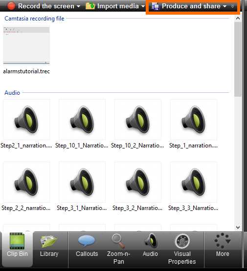 The Produce and share button in the Clip Bin