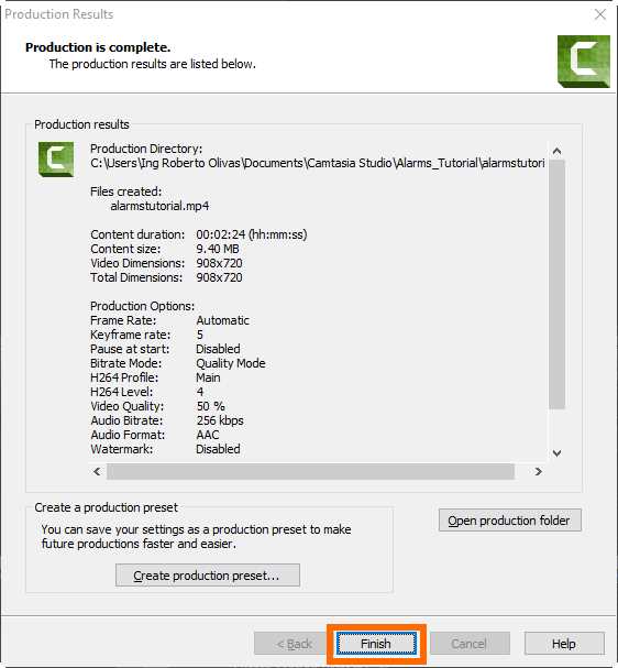 The Production Results dialog box