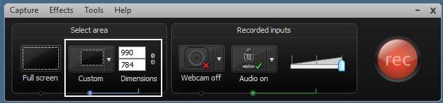 The Screen Recorder showing the selected recording area’s dimensions