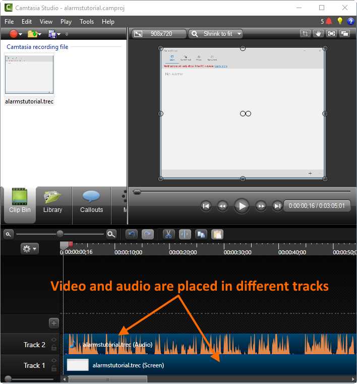 The Timeline after screen recording video and audio were separated.