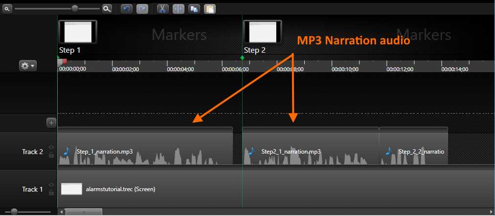 The Timeline with MP3 files in Track 2