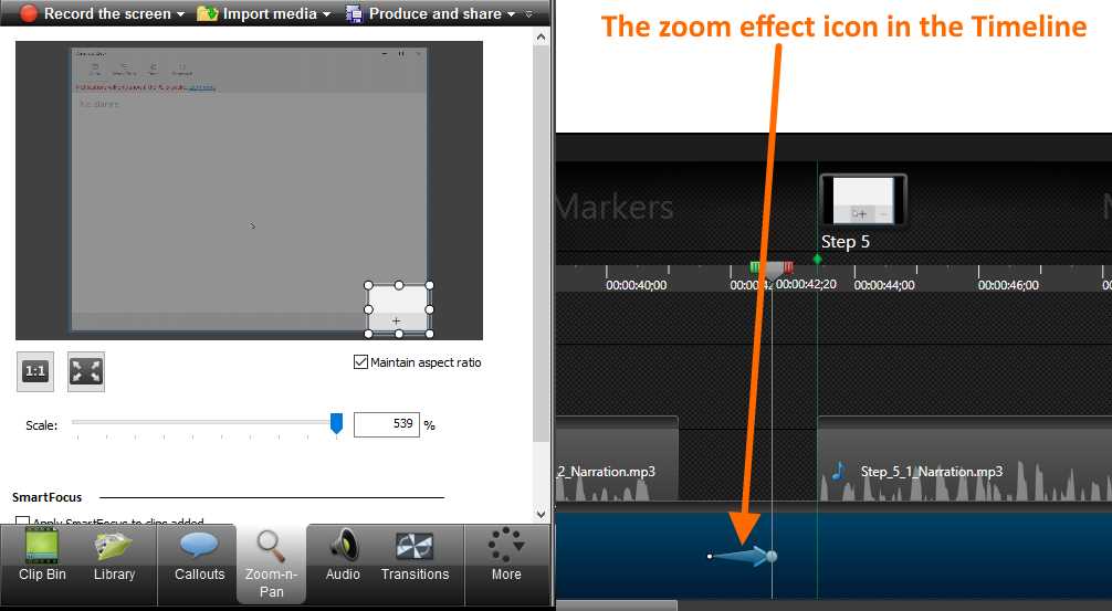 The zoom effect in both the Clip Bin and the Timeline