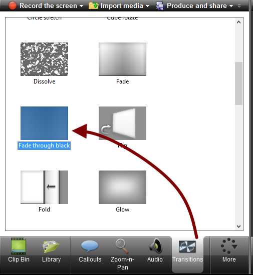 Transition effects in the Clip Bin