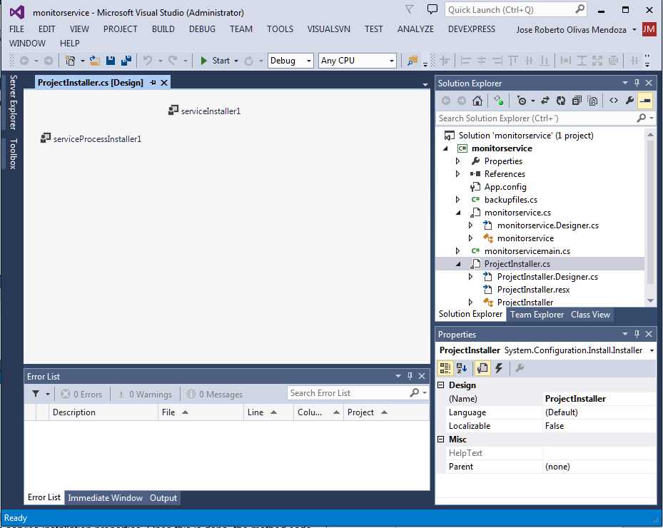 ProjectInstaller.cs designer screen with iconic buttons