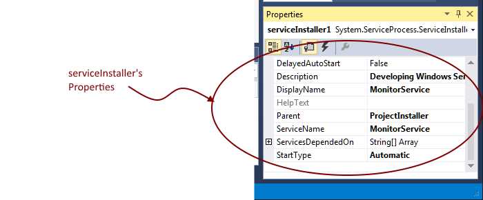 serviceInstaller Properties window