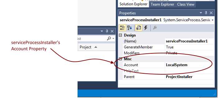serviceProcessInstaller Properties window