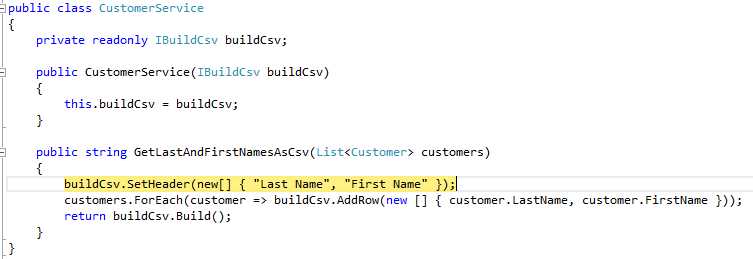 Execution stopped at the first line of GetLastAndFirstNamesAsCsv